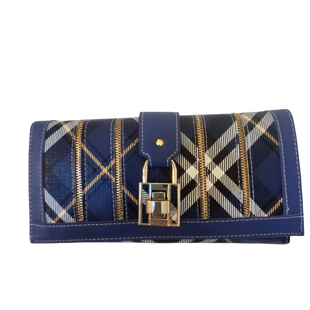 Paige Plaid Wallet Clutch Navy Gold Chain Strap NWT